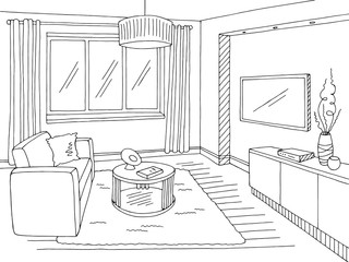 Living room graphic black white home interior sketch illustration vector