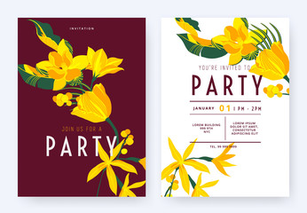 Floral party invitation card template design, tulip, Amsonia, Magnolia coco and leaves in yellow tones on dark red