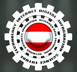 Technology relative words on the mechanism of gears. Concept in industrial design. Flag of Austria. 3D rendering