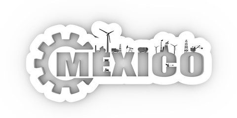 Energy and Power icons. Sustainable energy generation and heavy industry. Mexico word decorated by gear. 3D rendering.