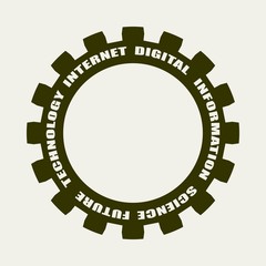 Technology relative words on the gear. Concept in industrial design.