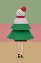 Stacked images of snowman, pine tree, legs of doll for christmas