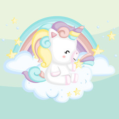 a cute unicorn with a rainbow on the background