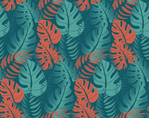 Beautiful seamless pattern with ropical jungle palm leaves.