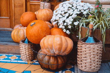 Autumn decoration with pumpkins and flowers on a street in a European city