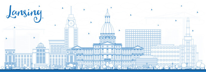 Naklejka premium Outline Lansing Michigan City Skyline with Blue Buildings.
