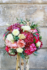 Flower background with roses, peonies, hortensias, carnations and other flowers.