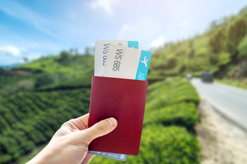 Hand holding a passport and two air tickets on a background of tea plantations. Travel and vacation...