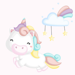 a happy hopping unicorn below a rainbow
