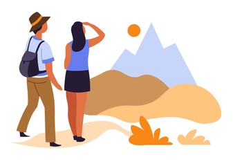 Fototapeta premium Hikers couple and sunrise in mountains traveling and tourism hiking