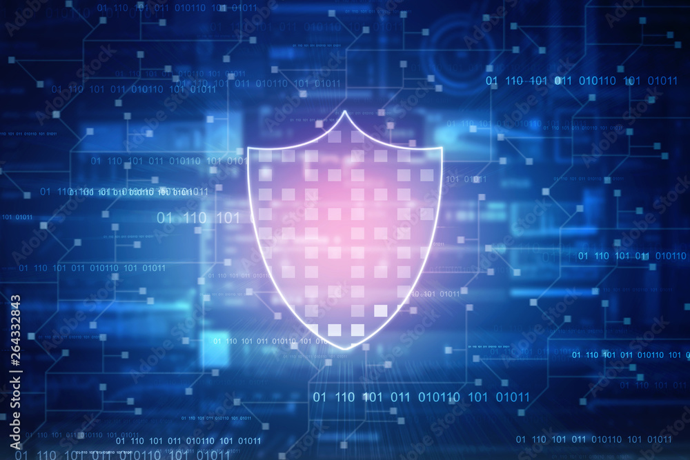 Poster 2d illustration security concept - shield on digital code background