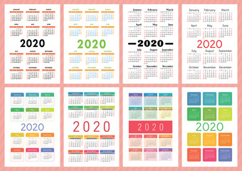 Calendar 2020 year. Vector template collection. Colorful English pocket calender set. Week starts on Sunday