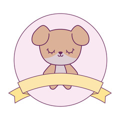 cute dog animal with ribbon in frame circular