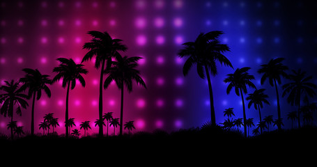 Night landscape with palm trees, against the backdrop of a neon sunset, stars. Silhouette coconut palm trees on beach at sunset. Vintage tone. Space futuristic landscape. Neon palm tree © MiaStendal