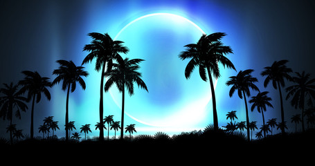Night landscape with palm trees, against the backdrop of a neon sunset, stars. Silhouette coconut...