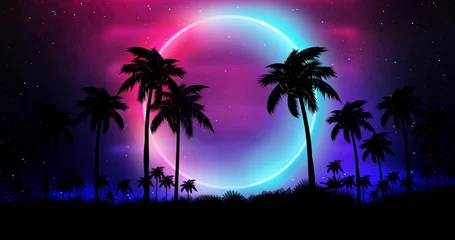 Keuken foto achterwand Strand zonsondergang Night landscape with palm trees, against the backdrop of a neon sunset, stars. Silhouette coconut palm trees on beach at sunset. Vintage tone. Space futuristic landscape. Neon palm tree