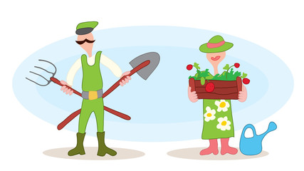 farmers with strawberry harvest and tool. seasonal garden work