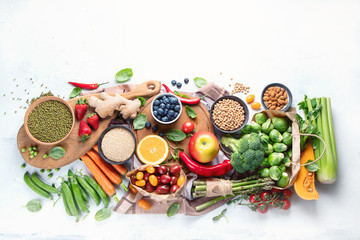Fototapeta na wymiar Healthy vegan food. Top view with copy space