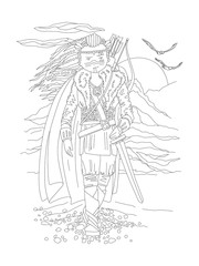 Cute hand draw coloring page with brave girl warrior, in ancient wild outfit - viking. Girl wanderer, girl warrior, viking girl - coloring page, vector outline illustration
