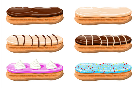 Eclair brewing cake set. Sweet eclair with chocolate glaze and custard cream. Tasty dessert. Bread baked food. Bakery shop, pastry. Vector illustration in flat style
