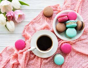 Cup of coffee and macaroons