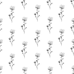 Cute seamless floral pattern. Textile ornament. Black and white watercolor seamless pattern of wildflower for fabric and paper.