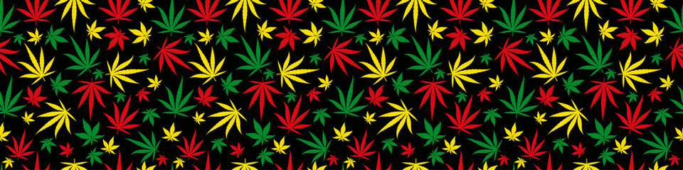 Rasta rectangular banner pattern seamless background. Reggae jamaican ornament. Marijuana leaf. Rastafarian cannabis hemp template fill. Vector clipart.