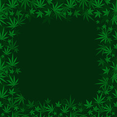 Fototapeta na wymiar Marijuana dark green grass square frame banner. Cannabis hemp plant. Border frame isolated transparent background. Copy space for text place.