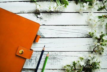 Orange notebook and multicolored two pencils lie on a wooden white background between the branches with the flowers of cherry