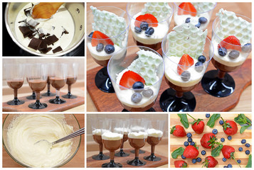  Cooking Process step by step of  Chocolate and whipped cream in glass with fresh strawberries and blueberries