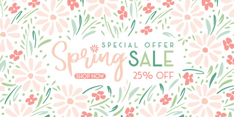 Elegant Hand-Painted Spring Sale Promotion Horizontal Banner with Floral Wreath. Special Offer Social Media Graphics - 264340076