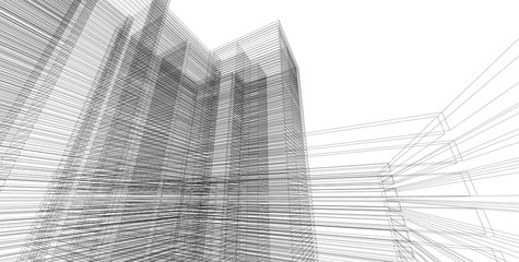 3D illustration architecture building perspective lines.