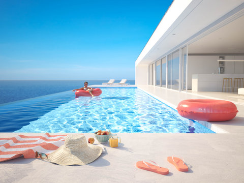 3D-Illustration. modern luxury infinity pool with summer accessoires