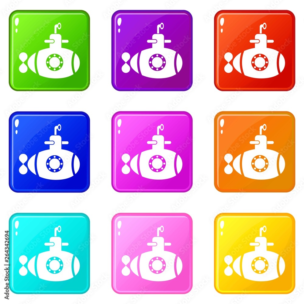 Poster bathyscaphe with hatch icons set 9 color collection isolated on white for any design