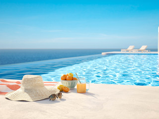 3D-Illustration. modern luxury infinity pool with summer accessoires - obrazy, fototapety, plakaty