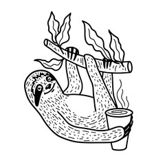 Cute sloth nahging on a tree branch with a cup of hot coffee. Hand drawn, doodle style vector illustration - 264342641
