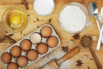 Food ingredients for baking: flour, eggs, milk, sugar