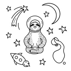 Smiling sloth astronaut in helmet sitting among stars. Hand drawn, doodle style vector illustration. - 264342663
