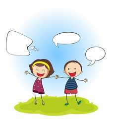 Happy boy and girl with speech balloon