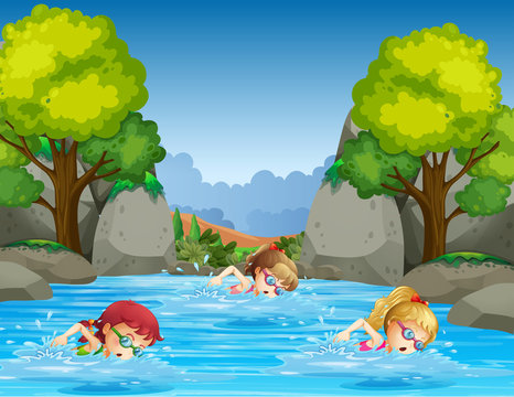 Children swimming in nature
