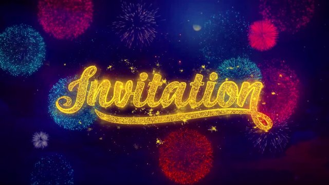 Invitation Greeting Text with Particles and Sparks Colored Bokeh Fireworks Display 4K. for Greeting card, Celebration, Party Invitation, calendar, Gift, Events, Message, Holiday, Wishes.