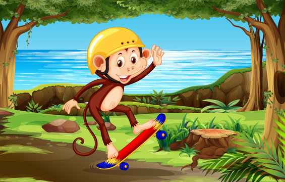 A monkey playing skateboard th nature