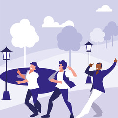 interracial dancers group dancing in the park