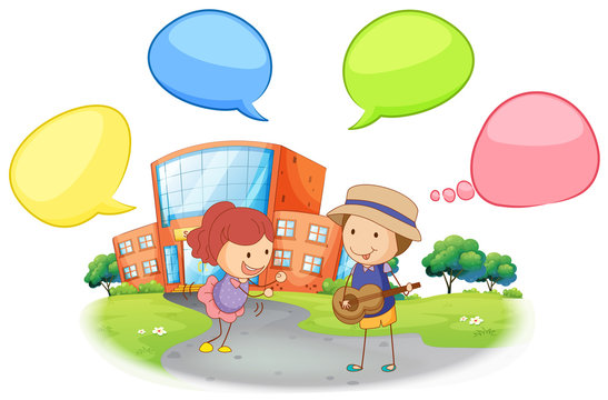 Student infront of school with speech balloon