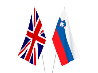 National fabric flags of Great Britain and Slovenia isolated on white background. 3d rendering illustration.