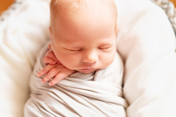 Cute caucasian newborn baby boy in the basket. Small hands. Portrait