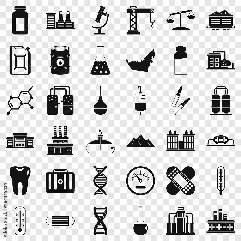 Poster chemical factory icons set. simple style of 36 chemical factory vector icons for web for any design