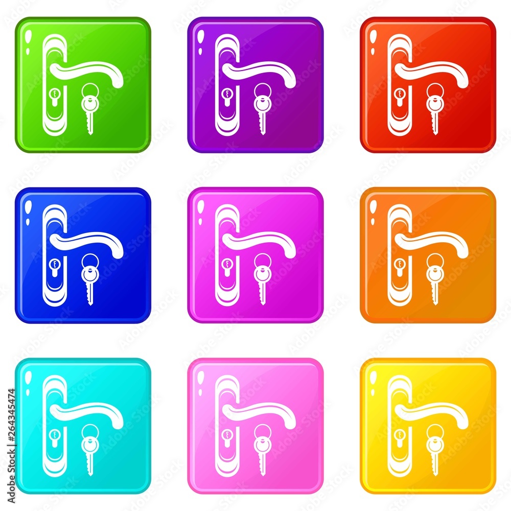 Poster door handle and key icons set 9 color collection isolated on white for any design
