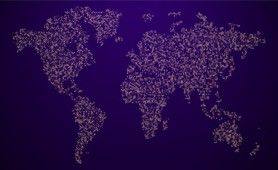 Purple abstract world map. Shiny digital poster template.
