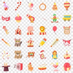 Circus animal icons set. Cartoon style of 36 circus animal vector icons for web for any design